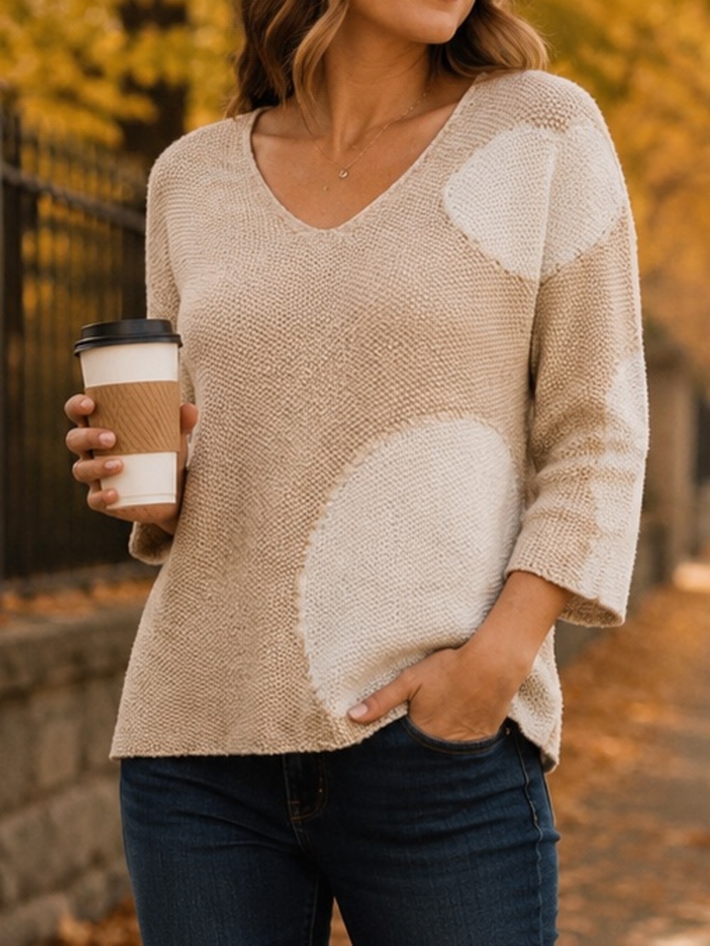 Marble Oatmeal Cream Polka Dot Textured Knit Sweater V-Neck 3/4 Sleeve Medium